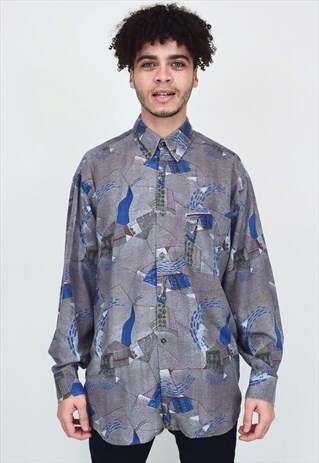 VINTAGE 90'S GREY & BLUE PATTERNED SHIRT WITH BUTTONS