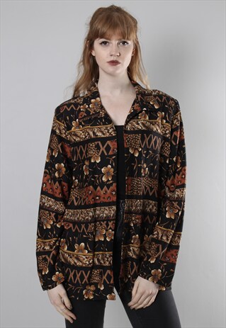 VINTAGE 80S BLACK PATTERNED SUMMER LIGHT DRAPE JACKET