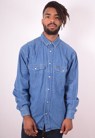 WRANGLER MENS VINTAGE DENIM SHIRT LARGE BLUE 90S
