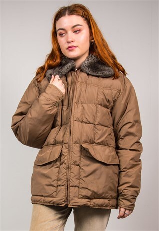 VINTAGE 90'S QUILTED FAUX FUR COLLAR PUFFER COAT JACKET