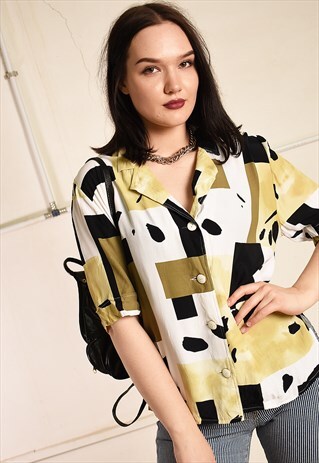 90'S RETRO ABSTRACT PRINT PARIS CHIC BLOUSE SHIRT TOP