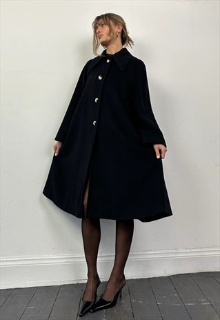 VINTAGE WOOL COAT A-LINE DAGGER COLLAR ITALIAN BLACK S M