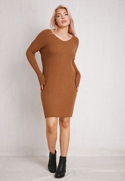 Camel Long Sleeves V Neck Ribbed Mini Dress