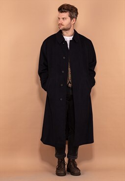 Vintage 90's Men Loden Wool Blend Coat in Blue