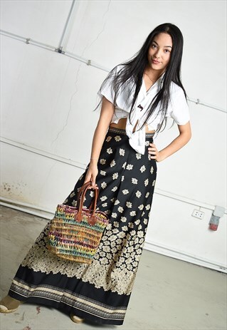 VINTAGE 70S RETRO MAXI PARIS CHIC SKIRT BLACK FLORAL PRINT