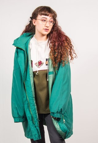 VINTAGE 90'S GREEN OVERSIZED LONG FAUX FUR PARKA COAT