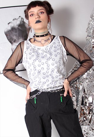 90S GRUNGE Y2K GOTH RAVE WEIRD WHITE TOP BLACK UFO ALIENS