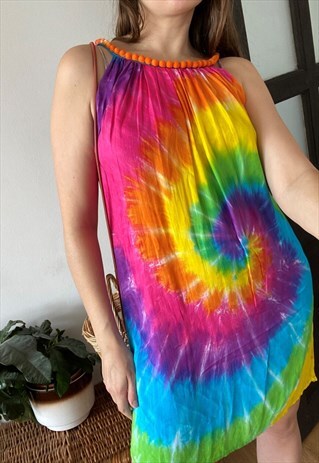 VINTAGE 90S HIPPIE TIE-DYE BOHO FLORAL MIDI FESTIVAL DRESS