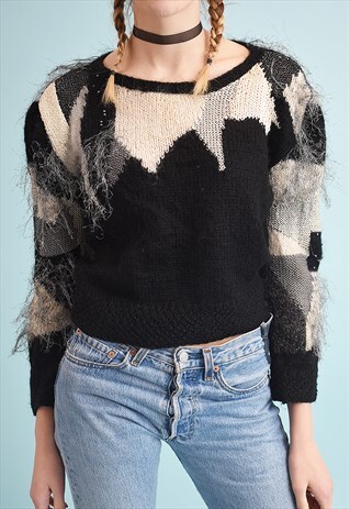 80'S RETRO BEADED FURRY KNIT PARIS CHIC JUMPER TOP