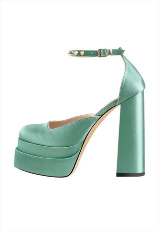 Double Platform Rivets Ankle Strap Chunky Heel D'Orsay Pumps