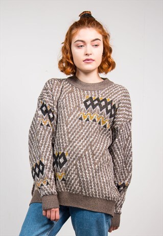 90'S VINTAGE OATMEAL PATTERNED GRUNGE KNIT JUMPER