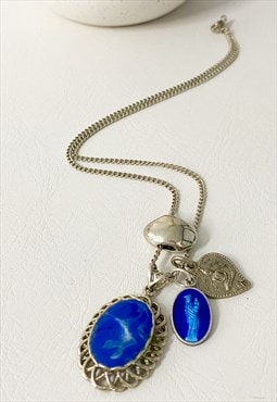 1990's Silver & Lapis Mixed Pendant Necklace