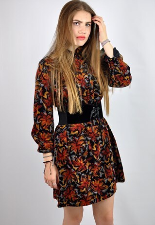 VINTAGE 70S ABSTRACT PRINT CORD MIDI DRESS