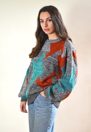 80S VINTAGE GREY ABSTRACT PATTERN KNIT JUMPER