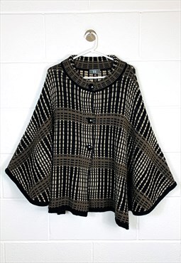 Vintage Knitted Poncho Black Brown Checked Patterned