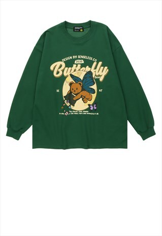 Butterfly t-shirt bear print long tee Y2K grunge top green