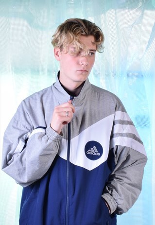 VINTAGE ADIDAS GREY, BLUE AND WHITE TRACK JACKET