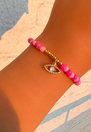 FIA EVIL EYE BEADED CHARM BRACELET - PINK