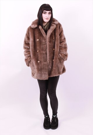VINTAGE 80'S TAUPE FLUFFY FAUX FUR COAT SIZE LARGE UNISEX