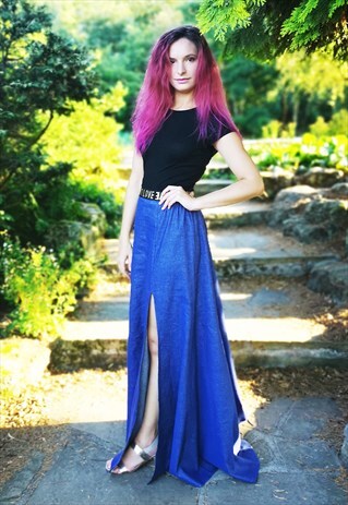 DEADSTOCK FABRIC MADE FRONT SLIT SLIM CUT DENIM SKIRT