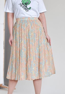 Vintage 80s High Waist Maxi Pleated Skirt in Pastel Pattern