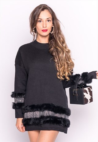 BLACK JUMPER WITH FAUX FUR & SEQUIN EMBELLISHMENT
