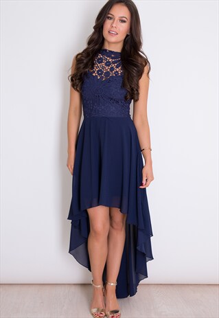 MILLIE LACE TOP CHIFFON DIP HEM DRESS NAVY