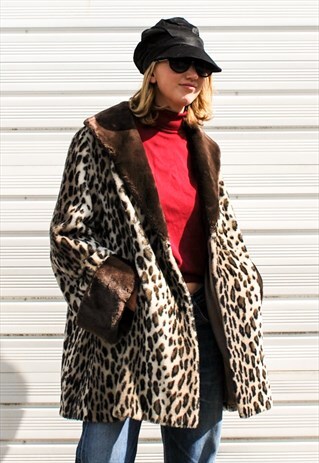 VINTAGE 70S FAUX FUR LEOPARD PRINT COAT