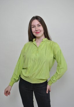 Striped essential blouse, bright green vintage shirt, women 