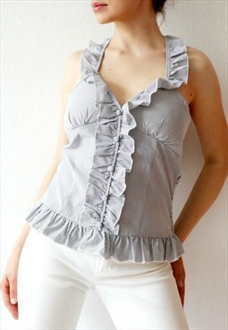 Morgan De Toi Y2k Halter Top Ruffled Striped Vintage Vest