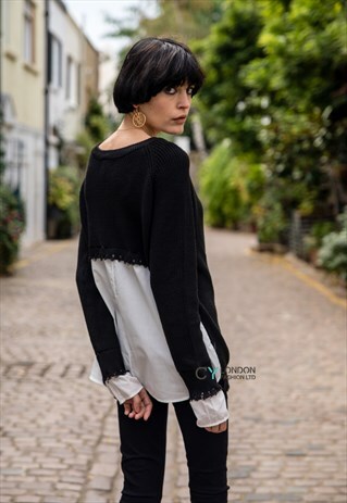 PLAIN BLACK SOFT KNIT JUMPER WITH SHIRT DESIGN CUFF AND BACK