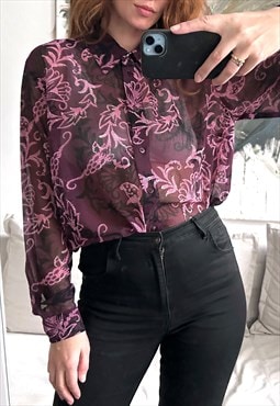 Vintage Purple Floral Sheer Blouse / Shirt - XL