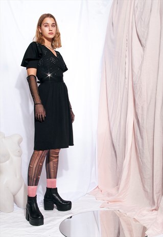 VINTAGE DRESS 70S REVIVAL SILVER SEQUIN LBD PUFF SLEEVE MIDI