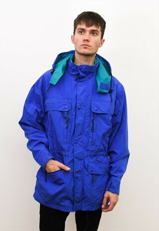 VINTAGE MEN'S L HOODED OUTDOOR JACKET RAIN COAT PARKA BLUE