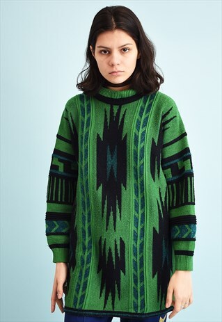 90'S RETRO ETHNIC PATTERN ROLL NECK KNIT JUMPER