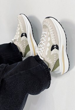 Embroider sneakers double laces leaves patch shoes in white