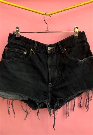VINTAGE LEVIS 517 NAVY DENIM SHORTS WITH A COOL FRAYED HEM