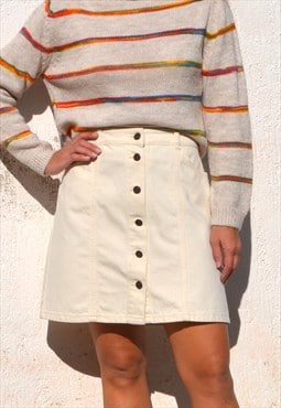 Vintage cream denim A-line button down mini skirt