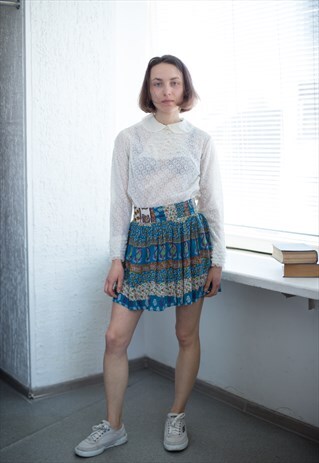 VINTAGE 70'S PATTERNED BLUE MINI SKIRT