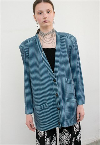 VINTAGE KNITTED CARDIGAN BLUE STRIPE PATTERN BUTTON UP