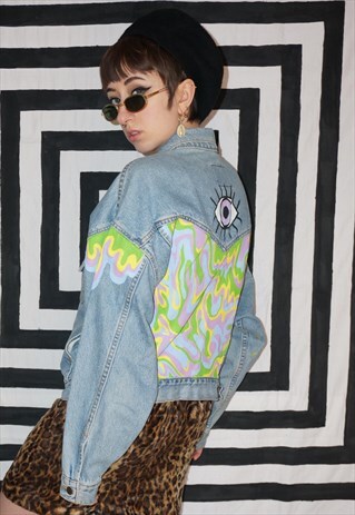 HAND PAINTED PASTEL OIL SLICK EYE VINTAGE DENIM JACKET