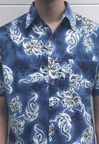 MENS VINTAGE 80S SHIRT BLUE SHORT SLEEVE HAWAIIAN SHIRT TOP