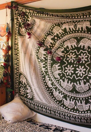 FAIRTRADE KHAKI ELEPHANT MANDALA TAPESTRY / WALL HANGING