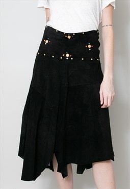 70's Black Suede Embellished Ladies Midi Skirt
