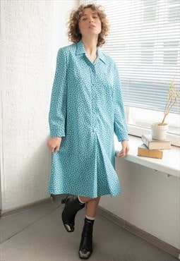 Vintage 70's Polka Dot Long Sleeved Dress In Blue