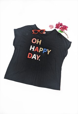 GRAPHIC PRINT T SHIRT BLACK RAINBOW SHORT SLEEVED ROUND NECK