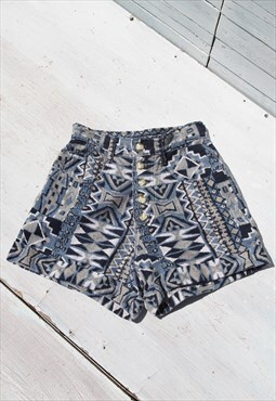 Vintage blue/beige/white boho printed cotton/linen shorts