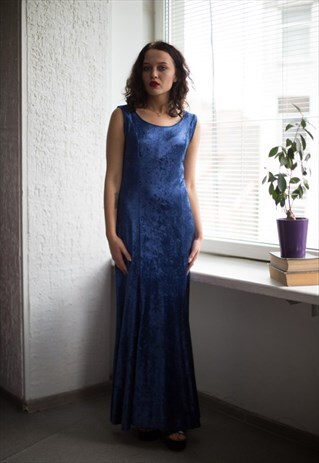 VINTAGE 80'S BLUE MAXI SLEEVELESS VELVET DRESS