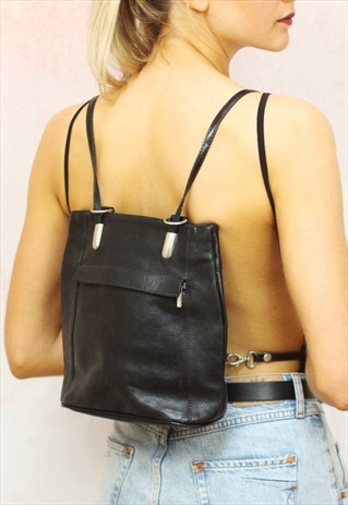 1990S VINTAGE JET BLACK REAL LEATHER BACKPACK