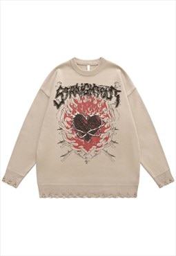 Gothic sweater ripped jumper heart print knitted top cream